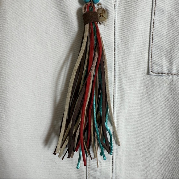 Boho Turquoise Glass Bead Beaded Necklace Leather Tassel Red Accent 34” Western - Picture 3 of 6